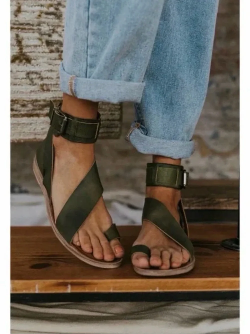 Free People Olive Green Strappy Ankle Buckle Sandals